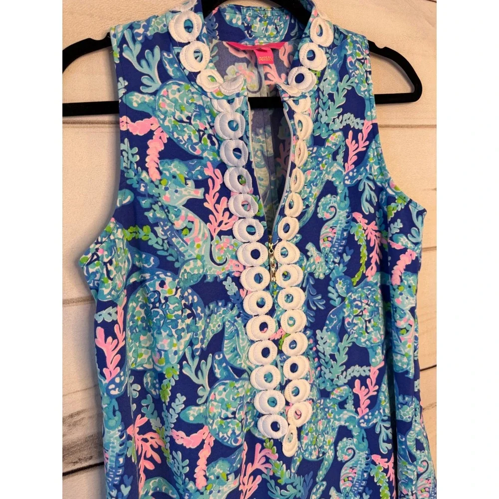 Lilly Pulitzer Womens Blue Pink Sea Turtle Coral Shift Dress Lace Trim Size 2